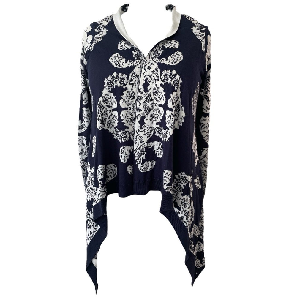 Allie & Rob blue white chinoiserie draped open front long sleeve cardigan Sz: M